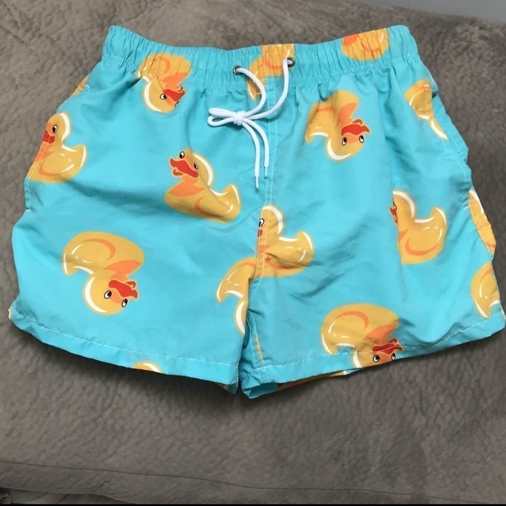 Blue Swim Shorts with Yellow Rubber Duck Prints size small